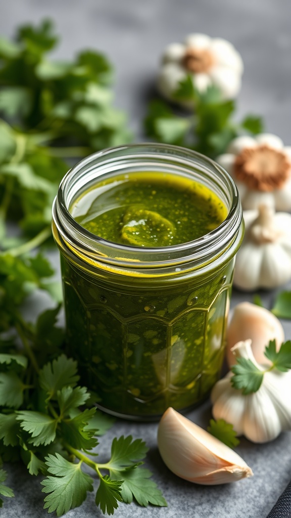 A vibrant jar of chimichurri sauce surrounded by fresh herbs and garlic