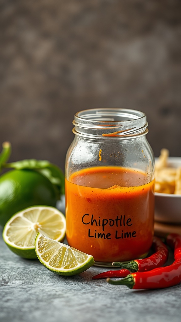 A jar of chipotle lime dressing with lime slices and chili peppers.