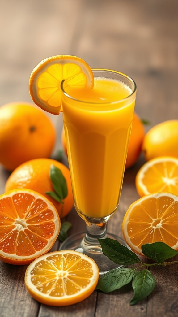 A refreshing glass of citrus smoothie with oranges and lemon slices.