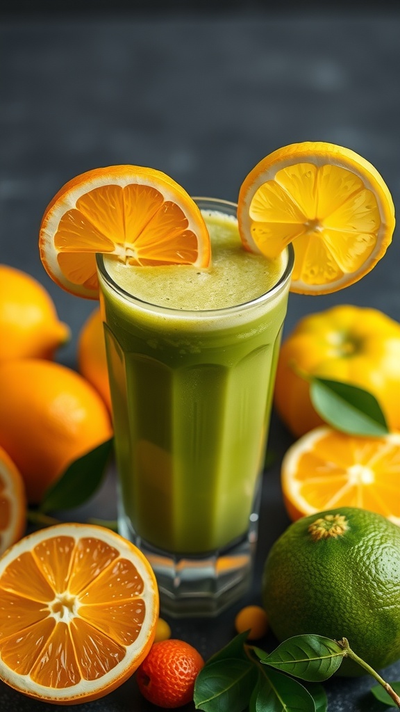 A refreshing green smoothie with citrus slices garnishing the glass.