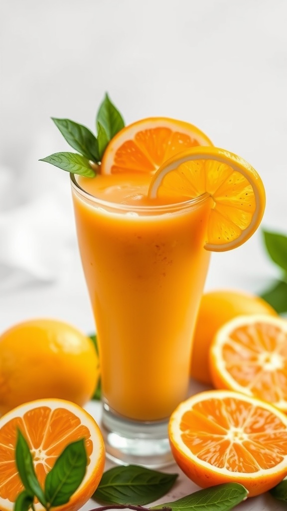 Glass of orange smoothie garnished with orange slices and basil