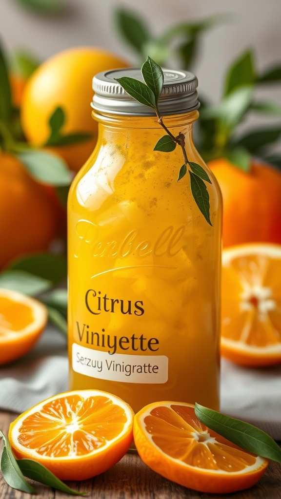 A jar of zesty citrus vinaigrette with fresh oranges in the background.