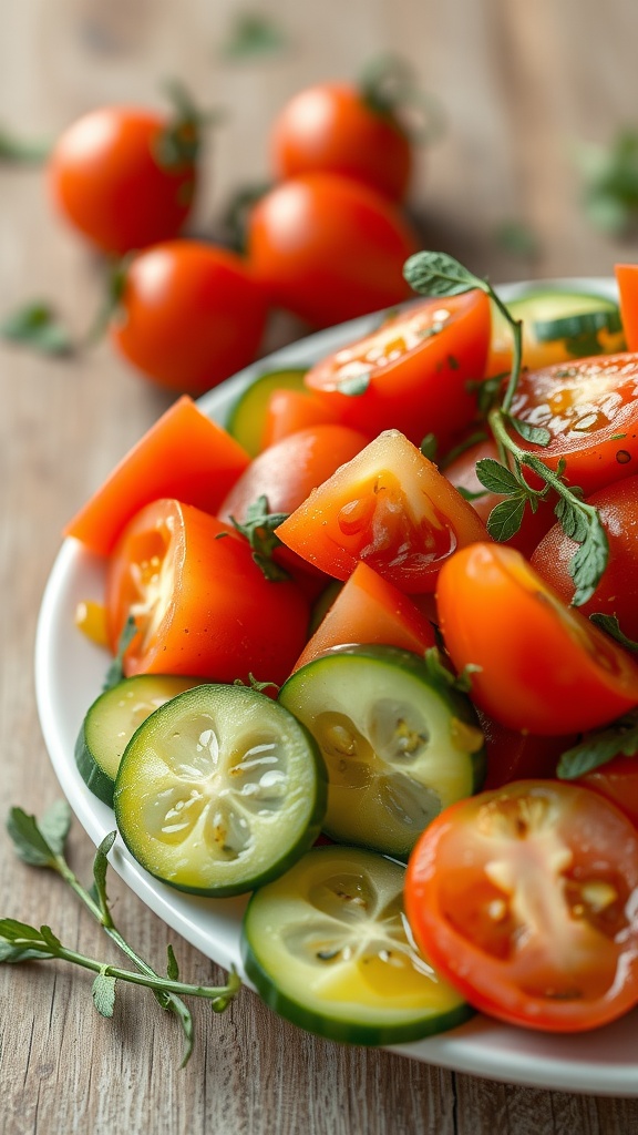 A vibrant salad featuring sliced cucumbers and chopped tomatoes on a white plate.