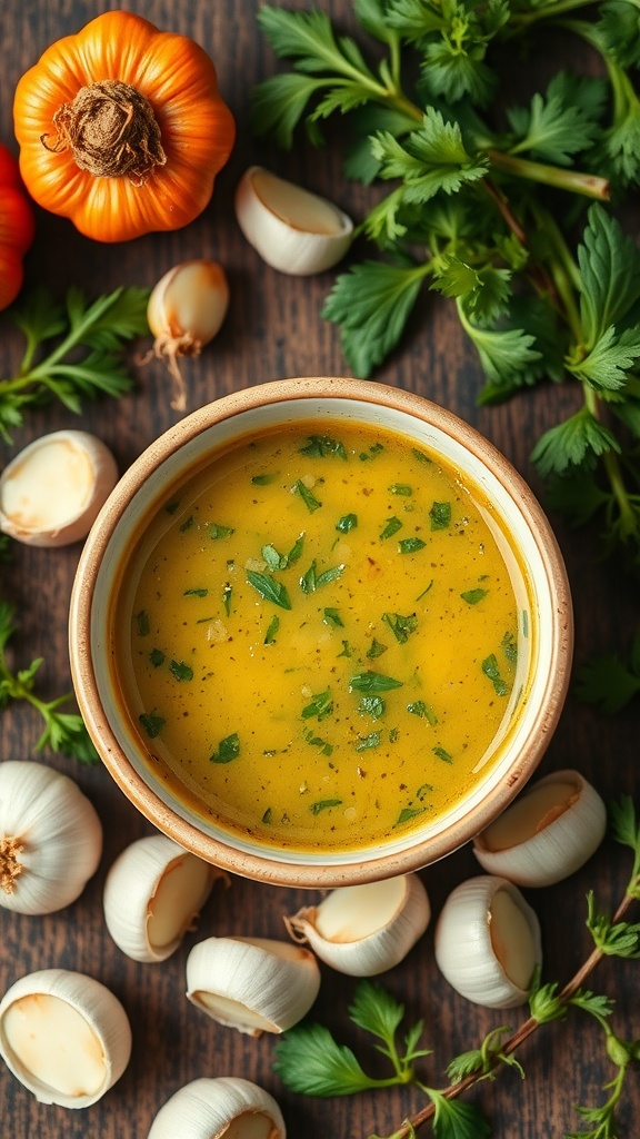 A bowl of zesty garlic herb sauce surrounded by fresh herbs and garlic cloves.