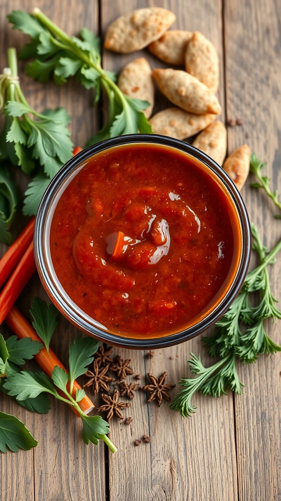 A bowl of zesty homemade BBQ sauce surrounded by fresh herbs and spices.