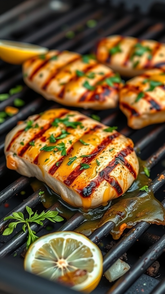 Grilled chicken breasts with lemon and parsley on a grill.
