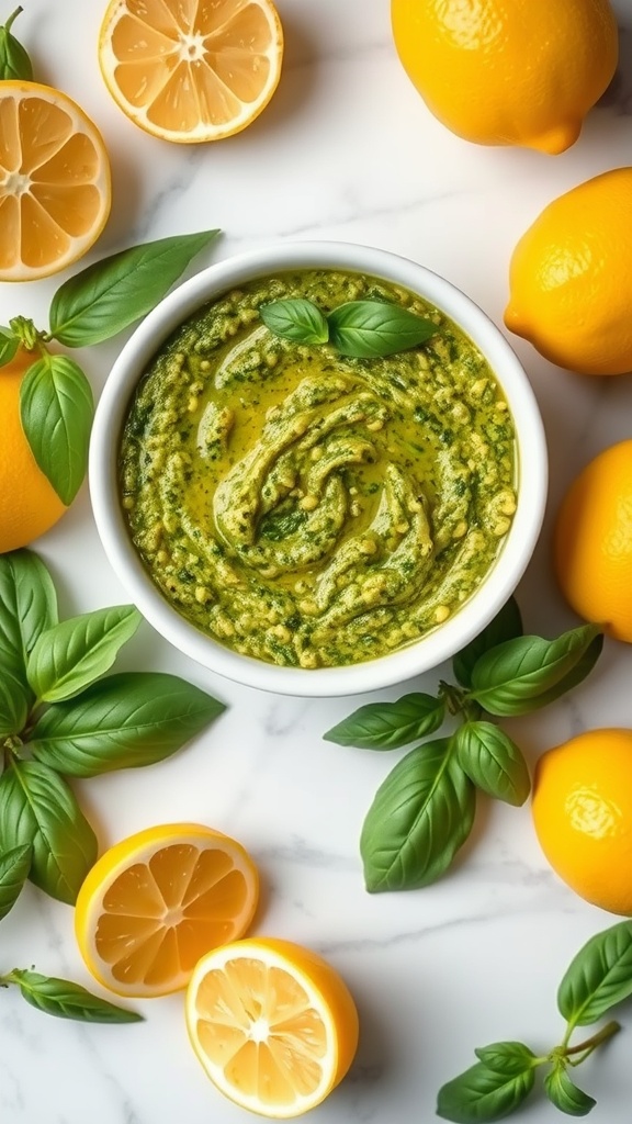A bowl of zesty lemon basil pesto surrounded by fresh lemons and basil leaves.