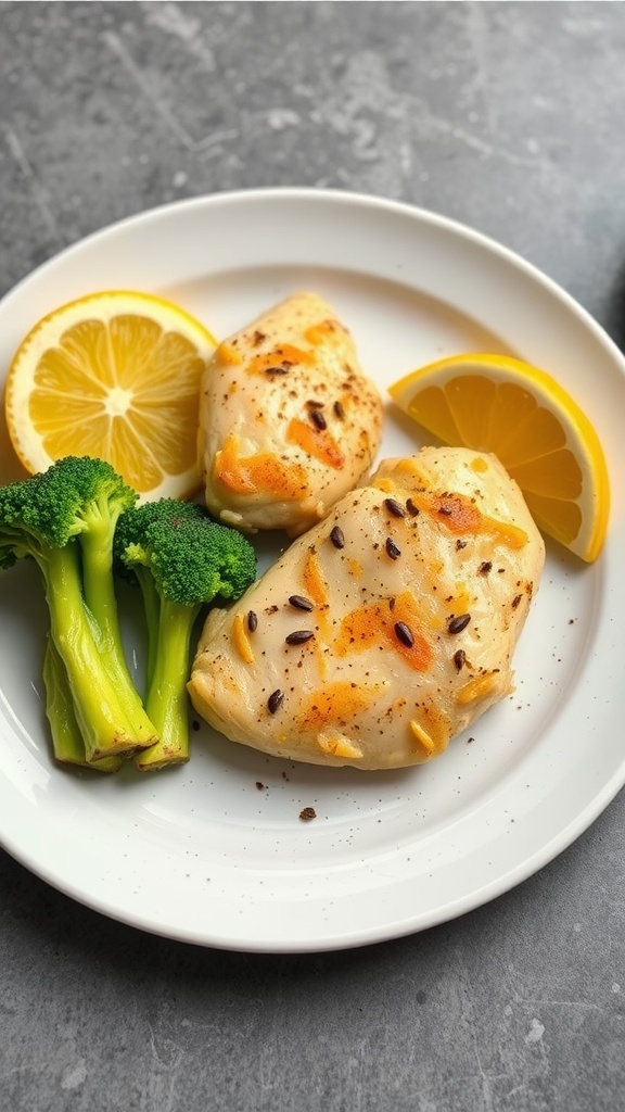 Plate of zesty lemon garlic chicken with broccoli and lemon slices