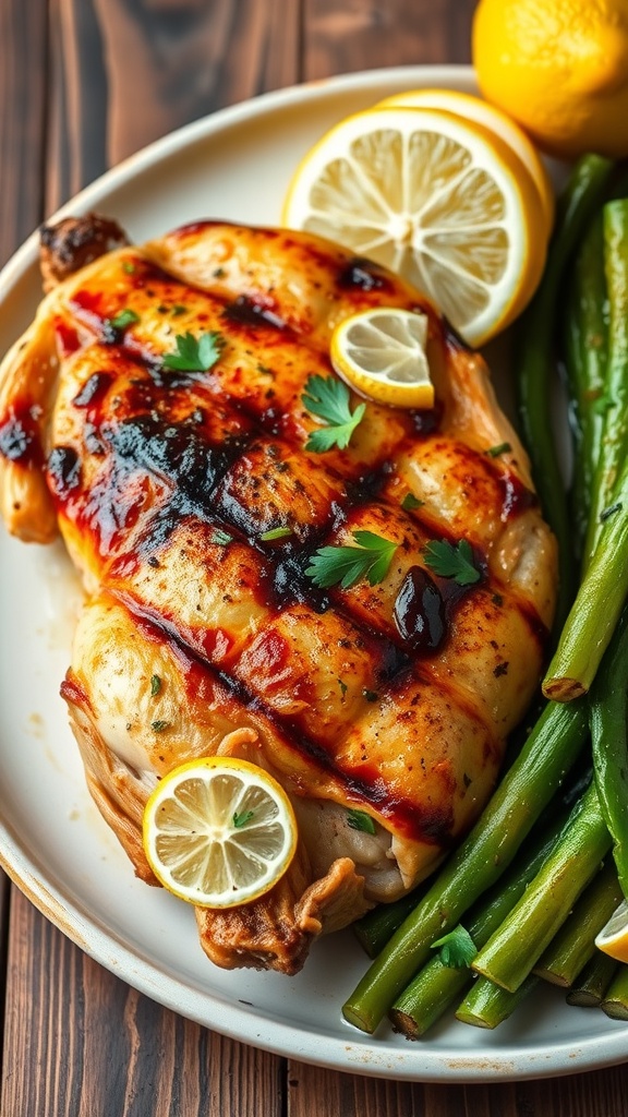 Grilled chicken with lemon slices and green beans