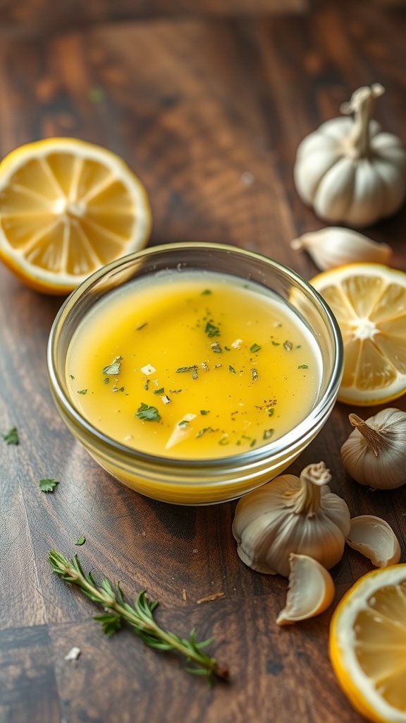 A vibrant zesty lemon garlic marinade in a small glass bowl with garlic cloves and lemon slices around it.