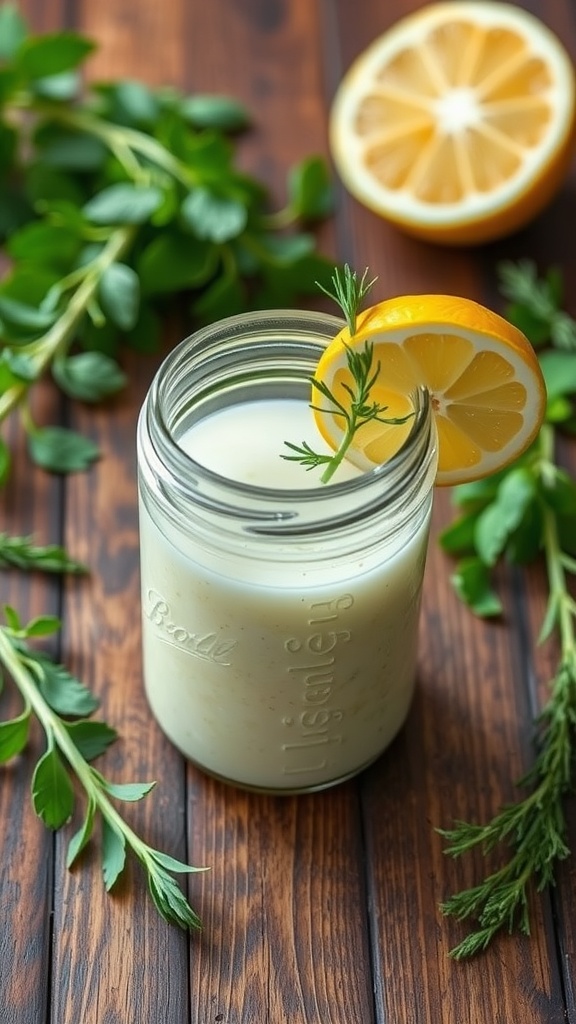 A jar of zesty lemon herb dressing surrounded by fresh herbs and lemon.