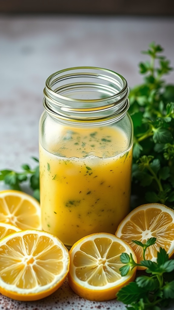 A jar of zesty lemon herb dressing surrounded by fresh lemon slices and herbs.