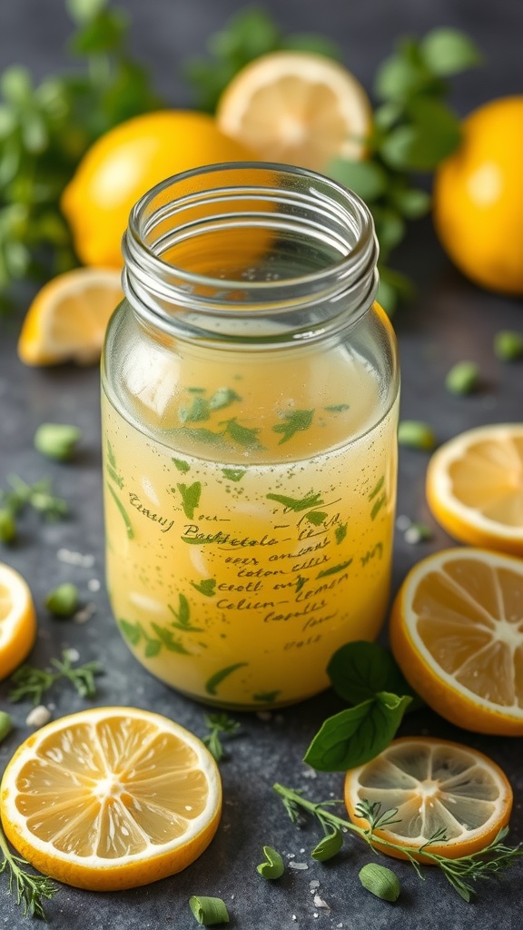 A jar of zesty lemon herb dressing with lemon slices and fresh herbs.
