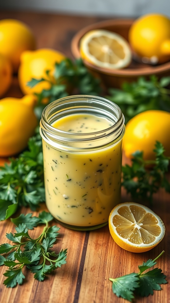 A jar of zesty lemon herb dressing surrounded by fresh lemons and parsley.