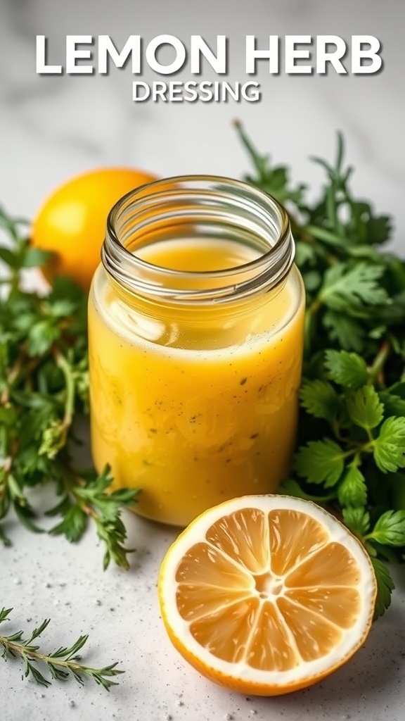 A jar of zesty lemon herb dressing surrounded by fresh herbs and a lemon half.