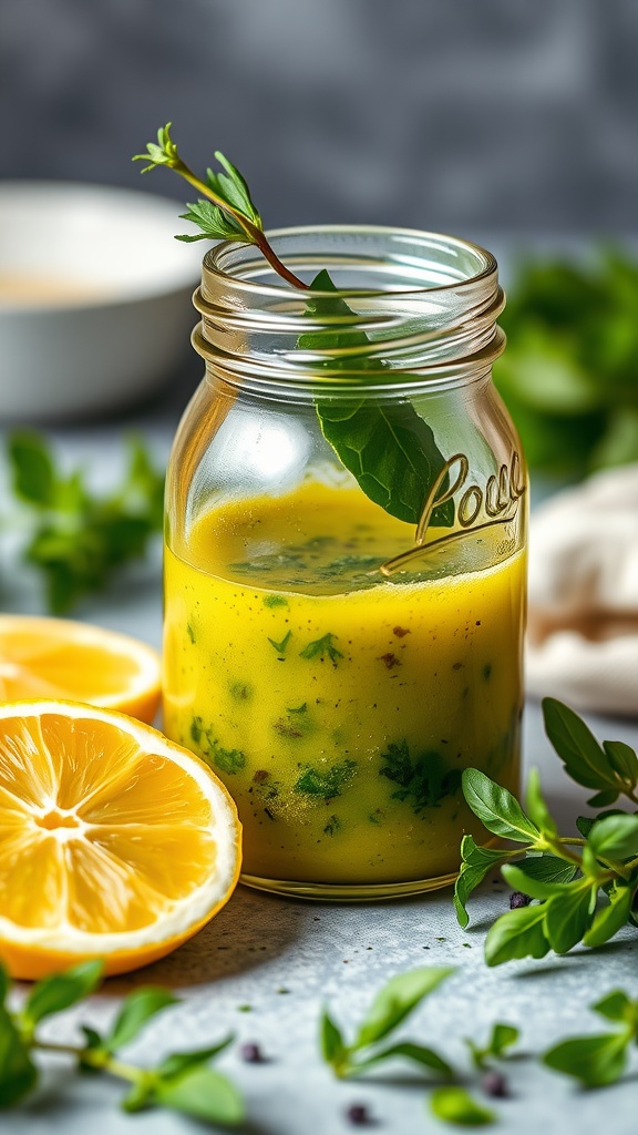 A jar of zesty lemon herb dressing with fresh herbs and lemon slices beside it.