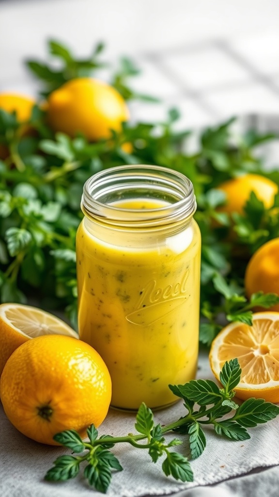 A jar of zesty lemon herb dressing surrounded by fresh lemons and herbs