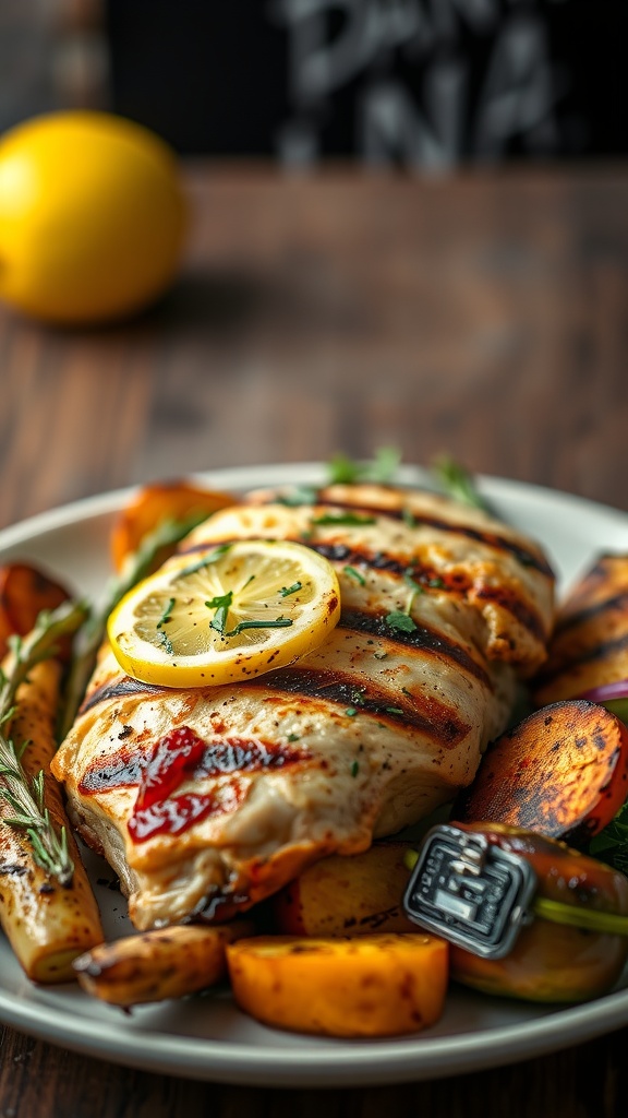 Zesty Lemon Herb Grilled Chicken with grilled vegetables and lemon slices