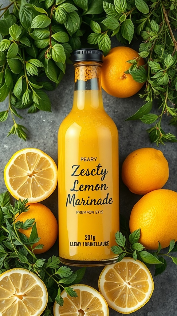 A bottle of zesty lemon herb marinade surrounded by fresh lemons and herbs.