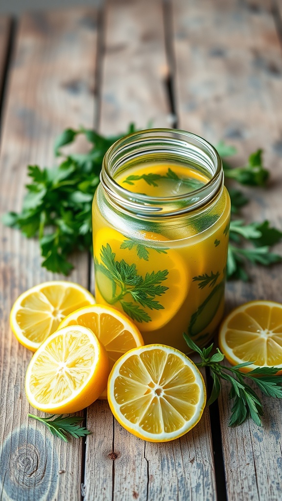 A jar of lemon herb marinade surrounded by fresh lemon slices and parsley.