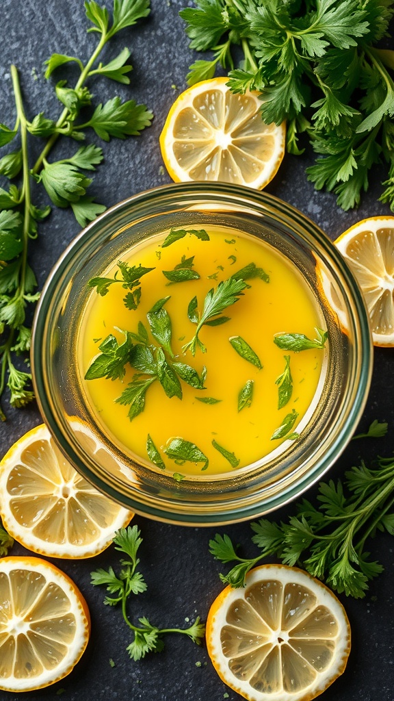 A bowl of lemon herb marinade surrounded by fresh parsley and lemon slices.