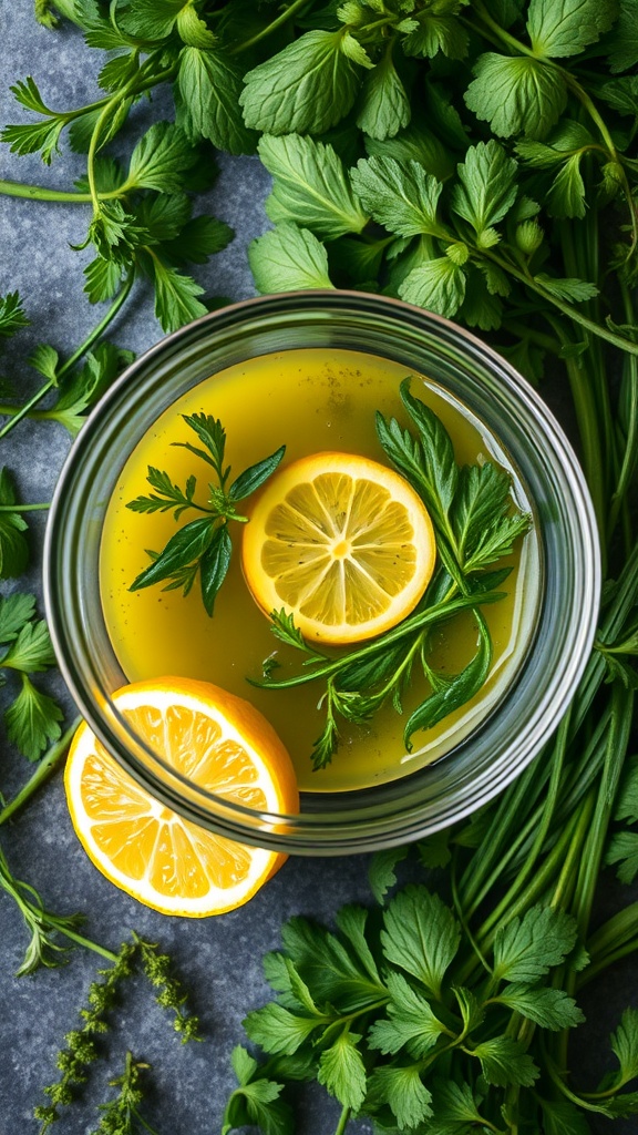 A vibrant lemon herb marinade in a glass jar with fresh herbs.