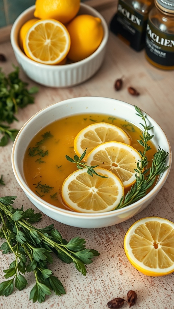 A bowl of zesty lemon herb marinade with lemon slices and fresh herbs.