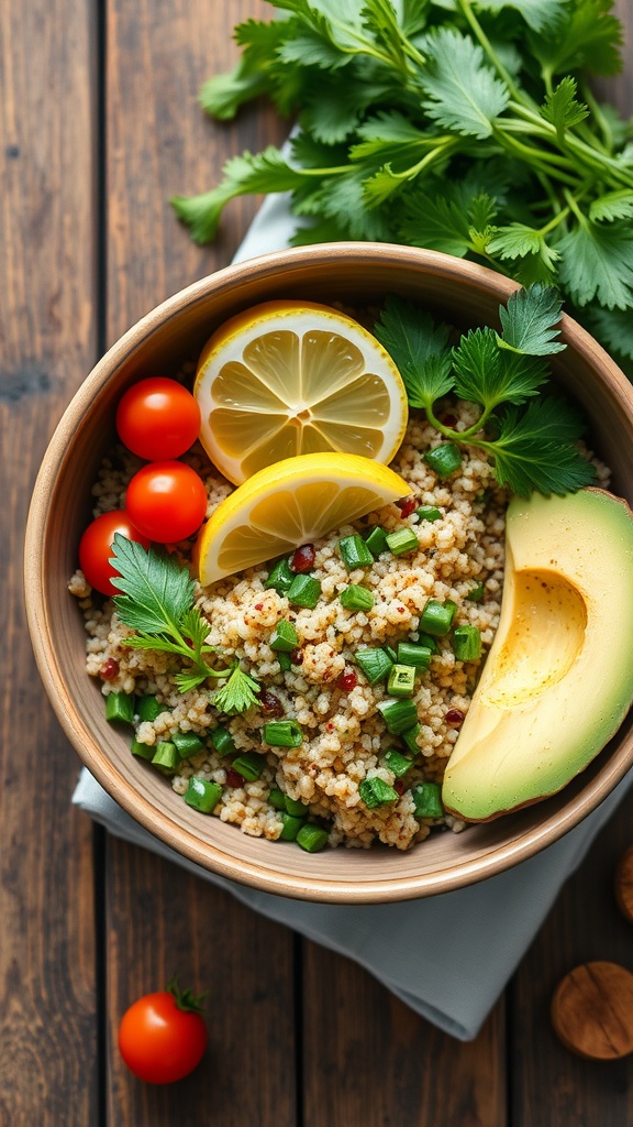 A bowl of quinoa mixed with vegetables, topped with avocado and lemon slices.