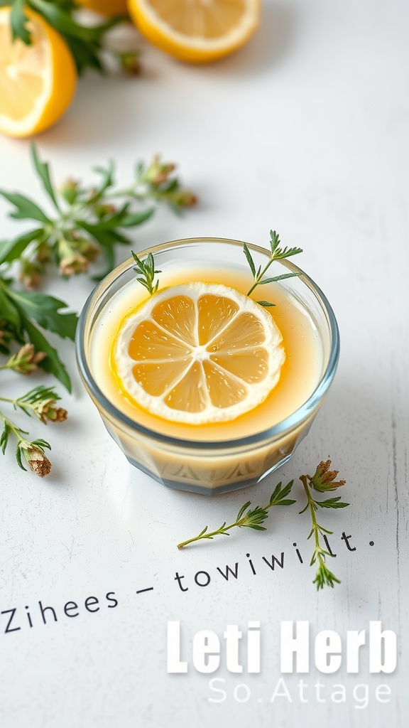 A vibrant bowl of zesty lemon herb sauce garnished with a lemon slice and fresh herbs.