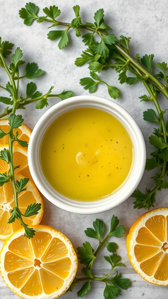 A zesty lemon herb sauce with fresh herbs and lemon slices.