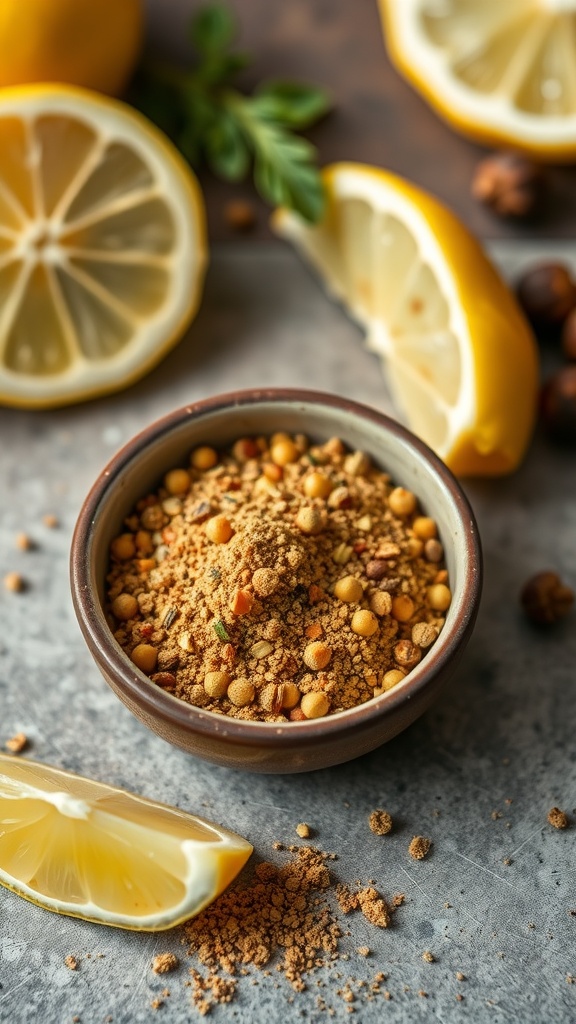 Bowl of zesty lemon pepper seasoning with fresh lemons