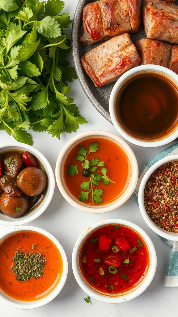 A variety of marinades and spices in small bowls, with fresh cilantro and meat pieces ready for grilling.