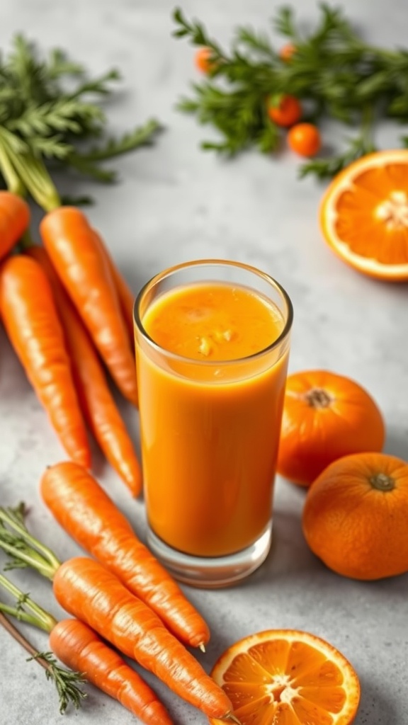 A vibrant glass of orange carrot smoothie surrounded by fresh carrots and oranges.