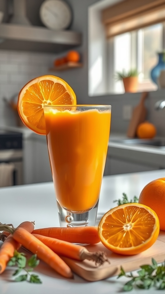 A refreshing orange and carrot smoothie served in a tall glass, garnished with an orange slice, surrounded by fresh carrots and orange fruits.