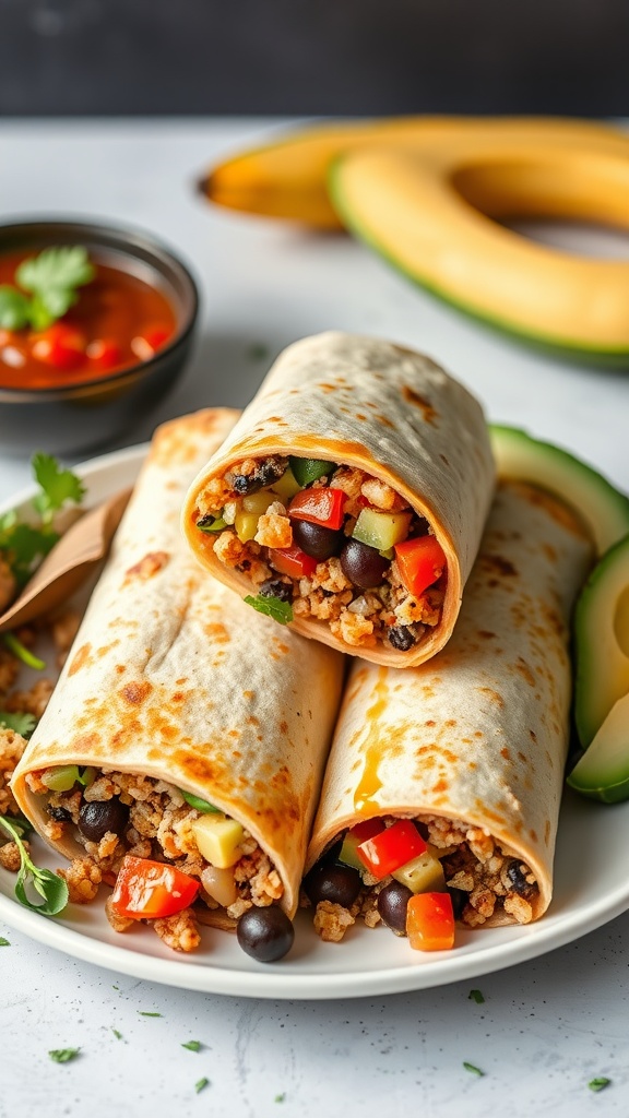 Zesty quinoa and black bean burritos on a plate