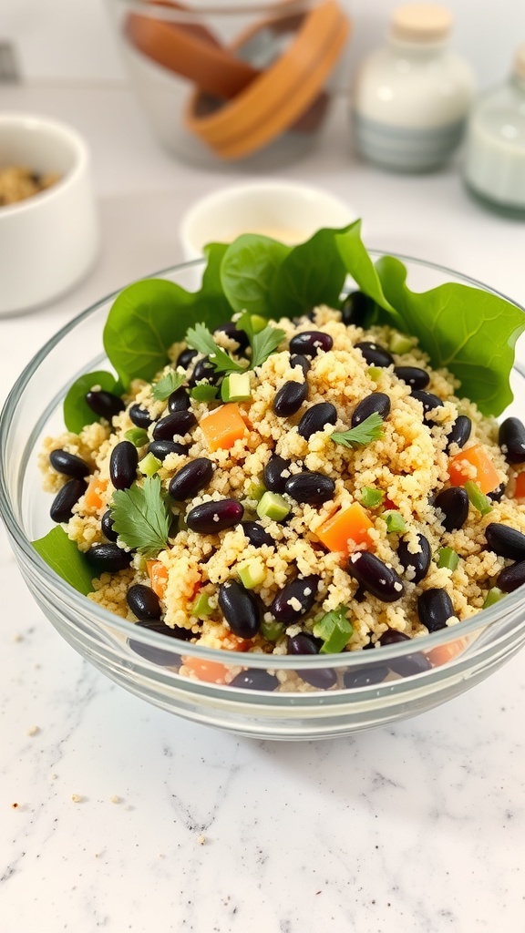 A bowl of zesty quinoa and black bean salad with colorful vegetables.