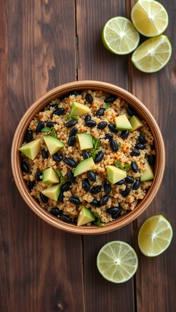Zesty quinoa salad with avocado and black beans served in a bowl.