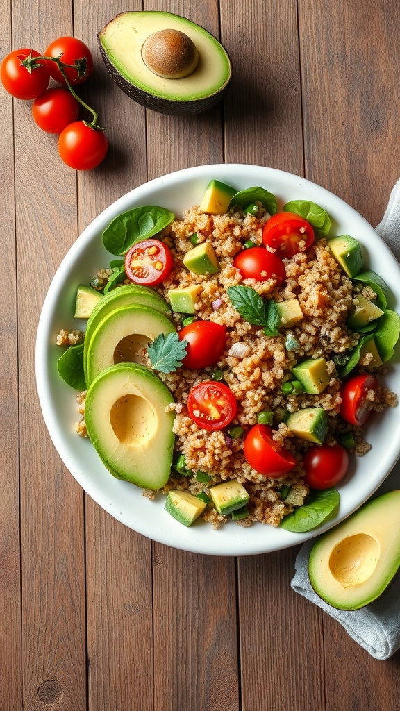 A colorful quinoa salad with avocado and vegetables.