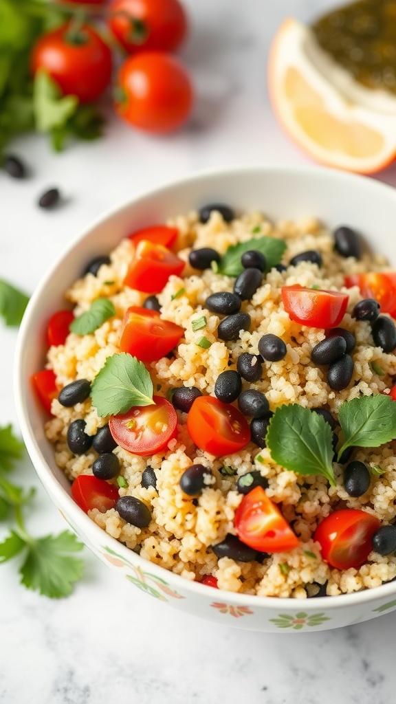 Bowl of colorful quinoa salad with black beans and cherry tomatoes, topped with cilantro