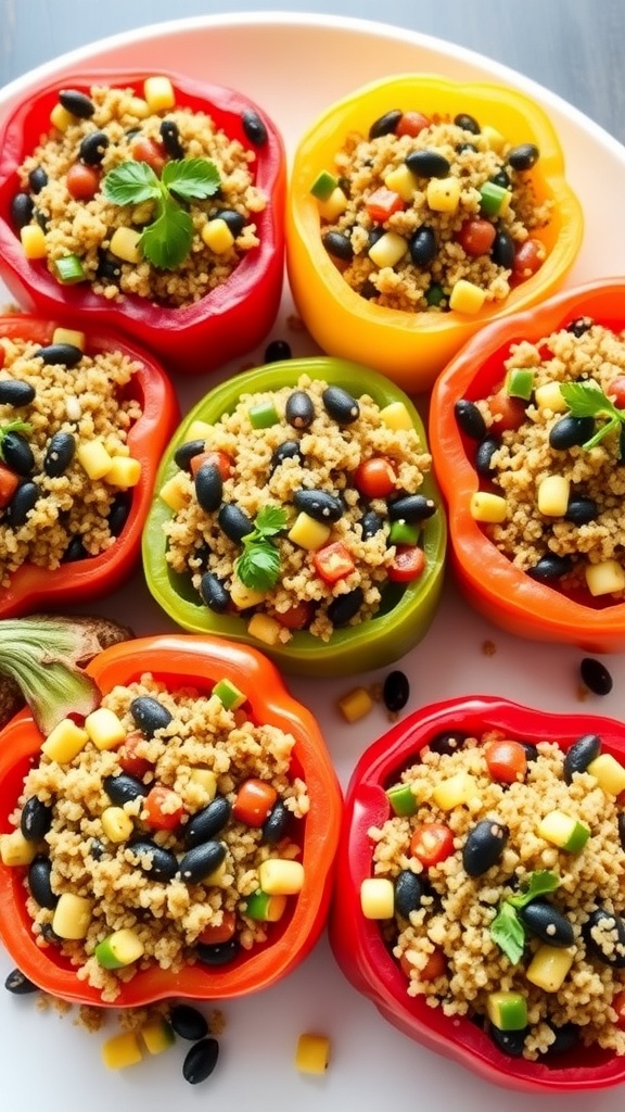Colorful stuffed bell peppers filled with quinoa, black beans, and corn.