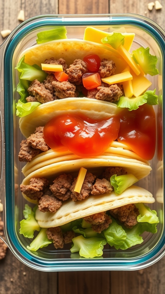 A meal prep container filled with soft tacos, ground beef, lettuce, tomatoes, cheese, and sauce.