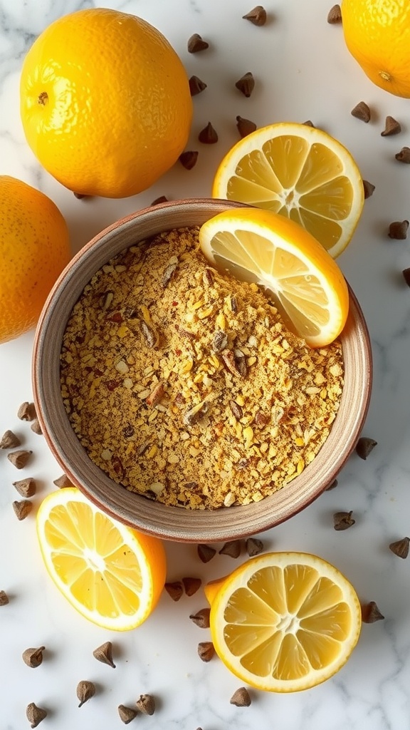 Bowl of lemon pepper seasoning with fresh lemons and lemon slices around it.