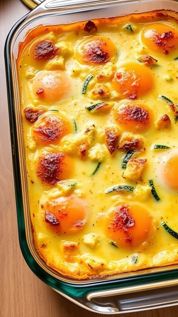 A delicious zucchini and egg casserole with golden-brown eggs and fresh zucchini slices.