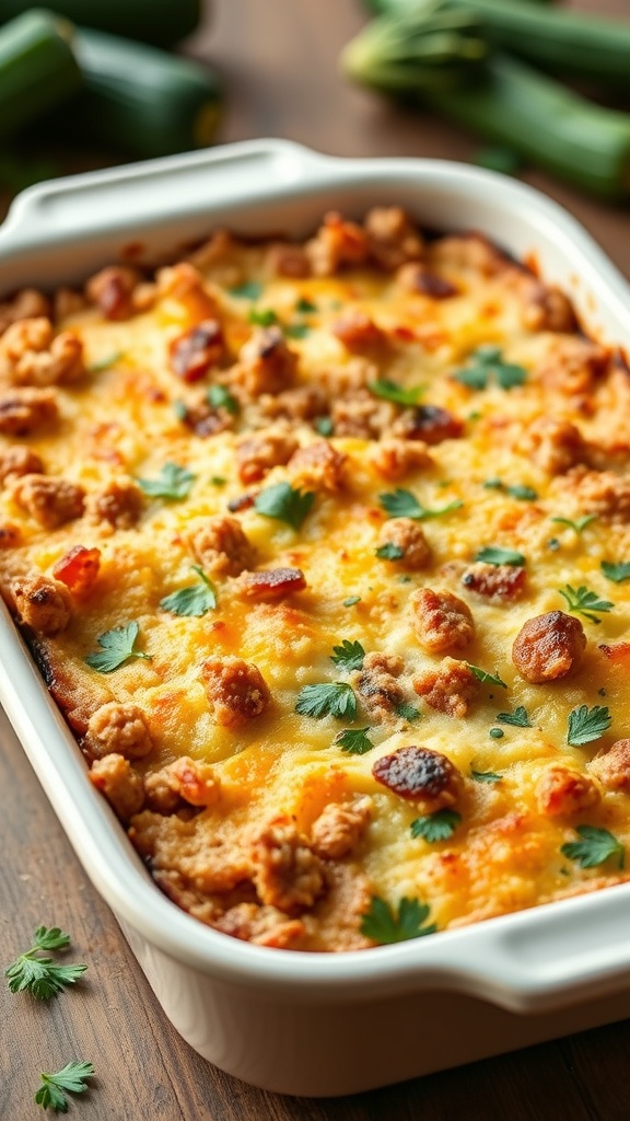 A delicious zucchini and ground turkey bake in a white casserole dish, garnished with parsley.