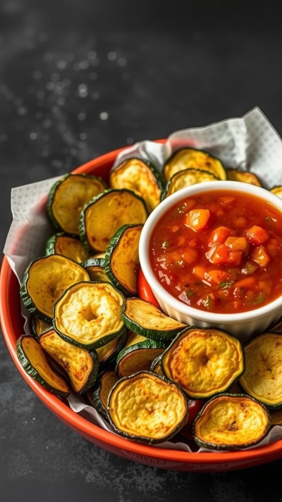 A bowl of crispy zucchini chips served with spicy salsa on the side.