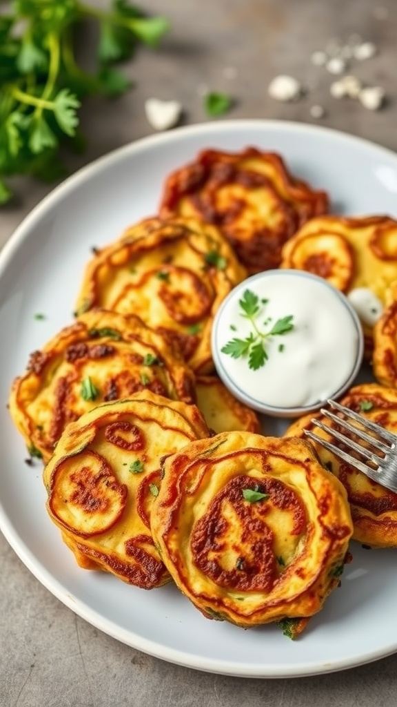 Delicious zucchini fritters served with a yogurt dip