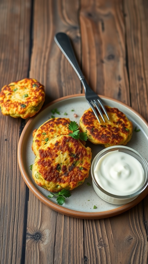 Plate of golden zucchini fritters served with a yogurt dip