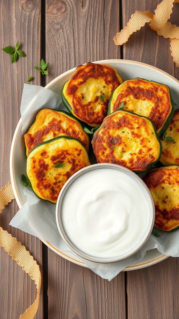A plate of golden zucchini fritters served with a creamy yogurt dip.