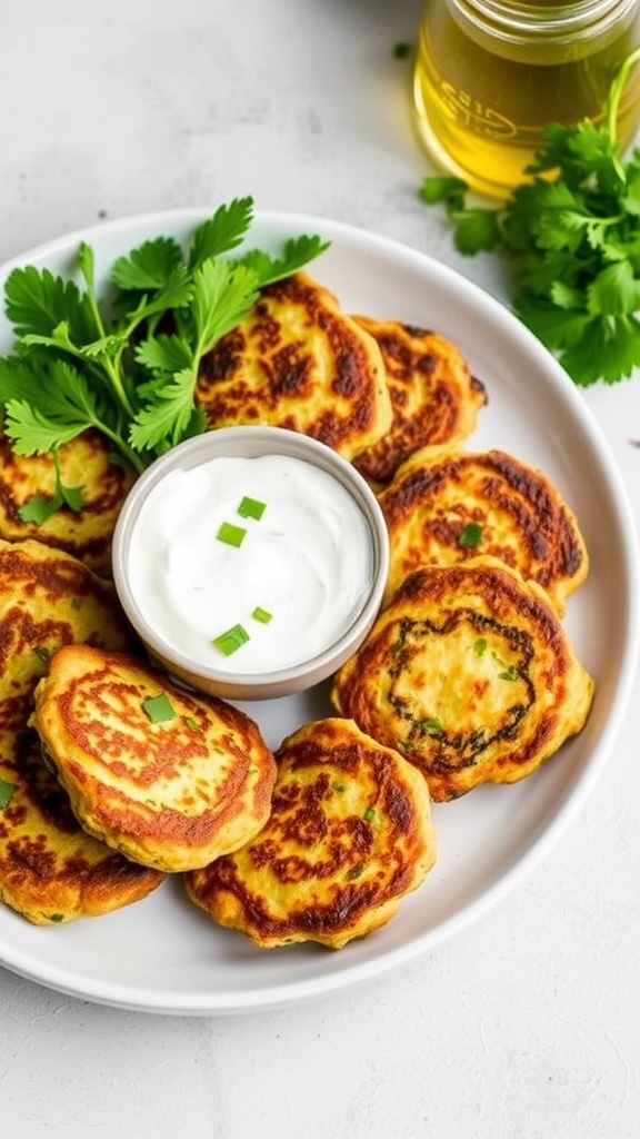 A plate of zucchini fritters with a yogurt dip and fresh herbs