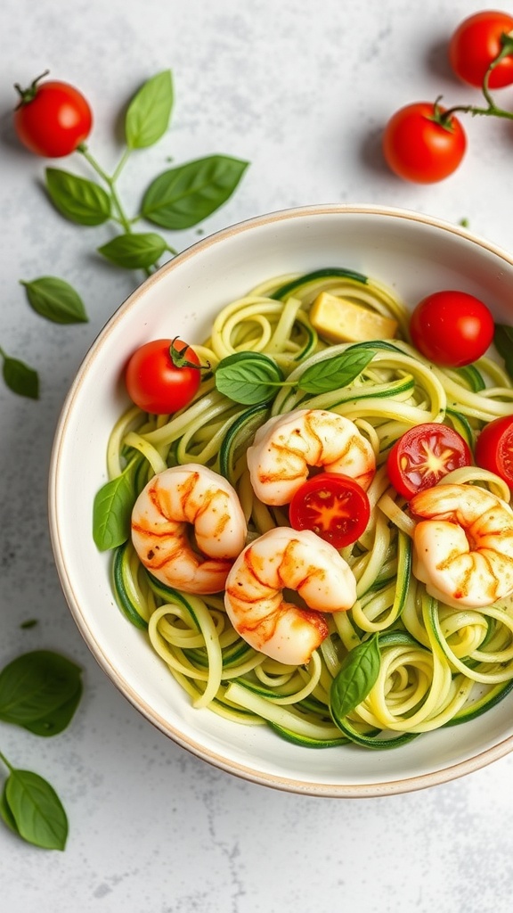 A colorful Zucchini Noodle Pesto Bowl topped with grilled shrimp, cherry tomatoes, and fresh basil.